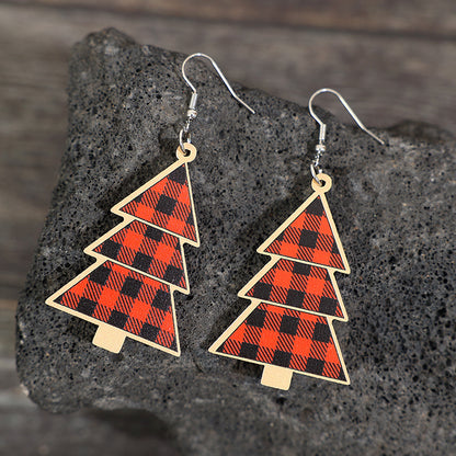 Boucles d'oreilles en bois de sapin de Noël à carreaux rouges