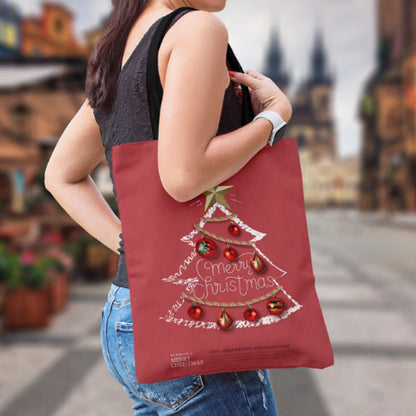 Sac en tissu à fermeture éclair tendance avec sapin de Noël sur fond rouge