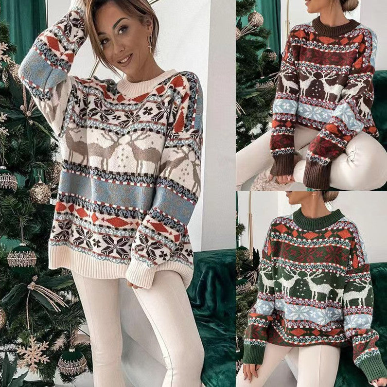 Suéter de manga larga con cuello redondo y diseño navideño holgado de jacquard para mujer