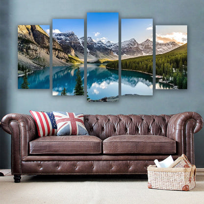 Toile murale artistique, 5 pièces, lac Moraine et montagne, salon modulaire, image moderne, décoration de maison