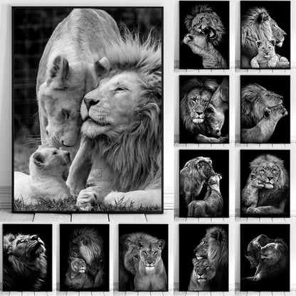 Black And White Lion Family Poster Canvas Print