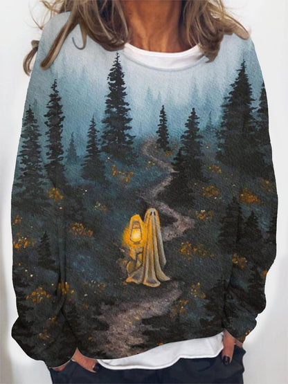 Women's Fashion Digital Halloween Printed Round Neck Long Sleeve Casual Sweatshirt