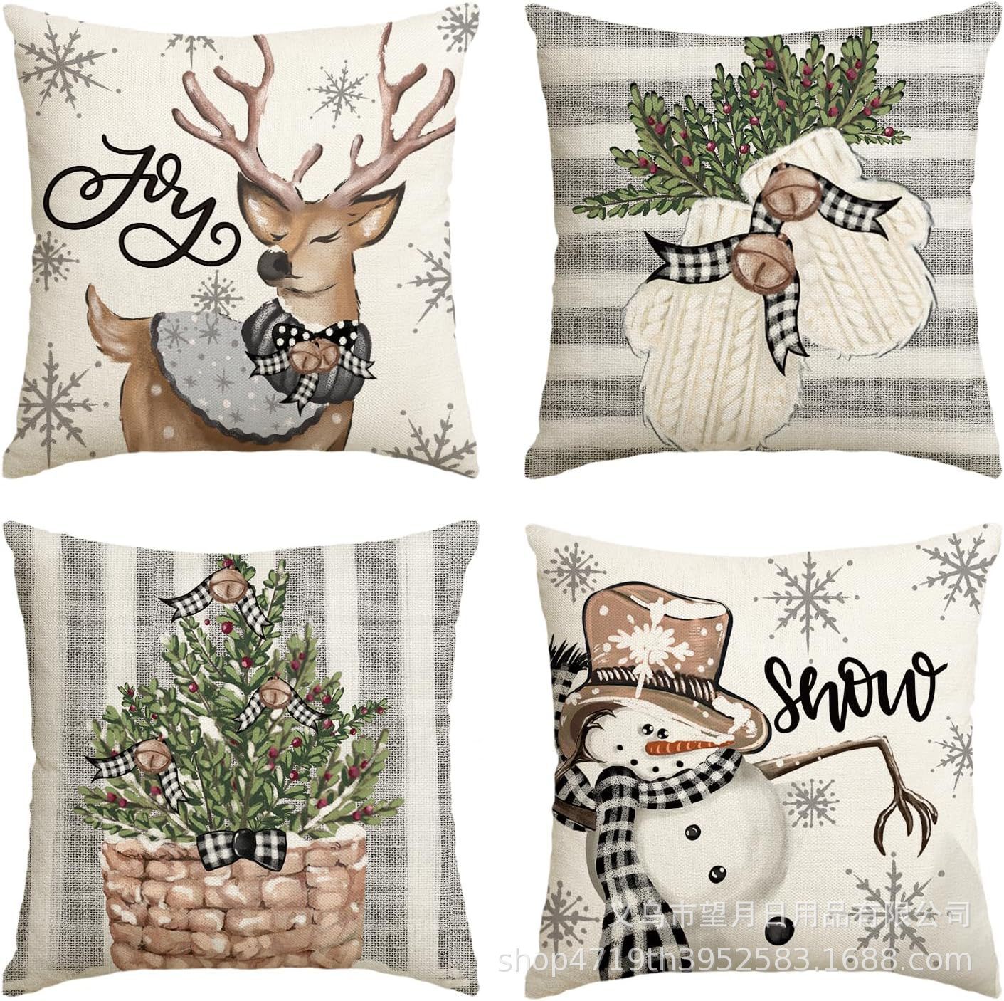 Christmas Snowman Reindeer Gloves Eucalyptus Throw Pillow Covers, 18 X 18 Inch Winter Holiday Stripes Cushion Case Decoration For Sofa Couch Set Of 4