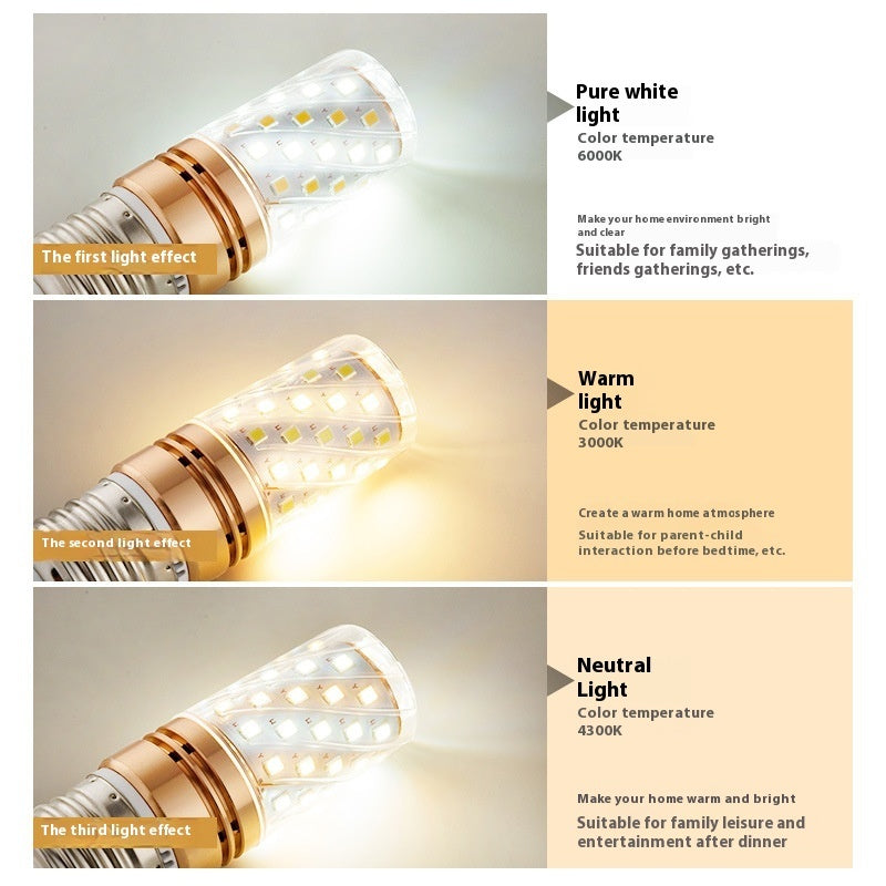 Household E14e27 Screw Bulb Led Energy-saving Lamp Threads Band Super Bright Variable Light With Three Colors