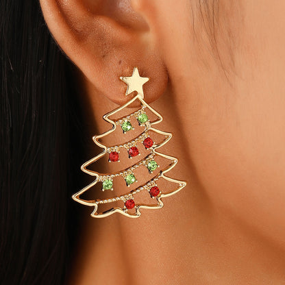 Boucles d'oreilles de Noël avec arbre de Noël Boucles d'oreilles en zircon coloré pour arbre de Noël pour femmes Boucles d'oreilles de personnalité Bijoux de fête Cadeau de Noël