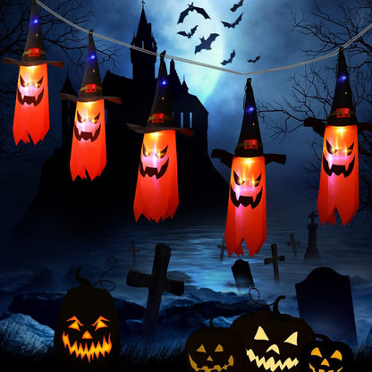 Guirlande lumineuse à 5 cordes pour décoration d'Halloween, chapeaux de sorcier, horreur