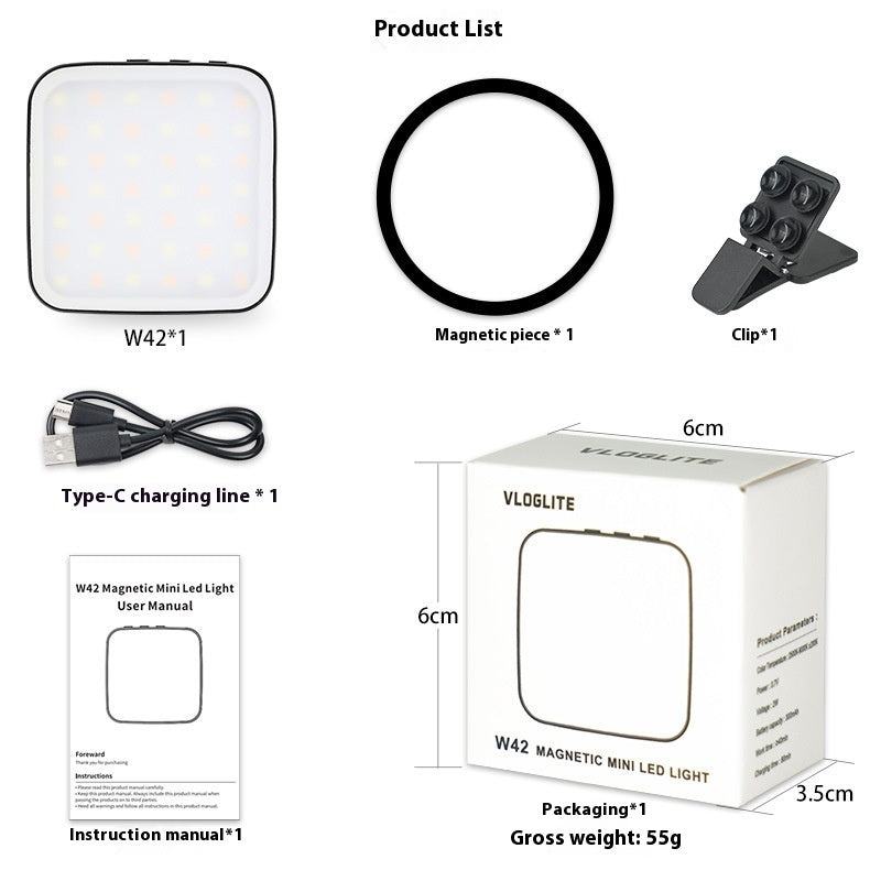 Mini luz de relleno para teléfono móvil W42 para grabación en vivo con imán