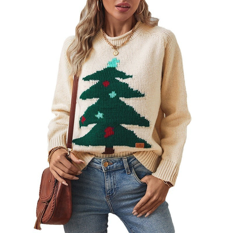 Pull ample à col rond pour femme avec motif sapin de Noël