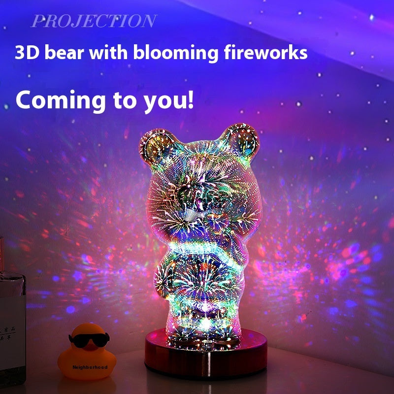 Lampe de chevet USB 3D en verre multicolore avec feu d'artifice et ours en forme de doigt