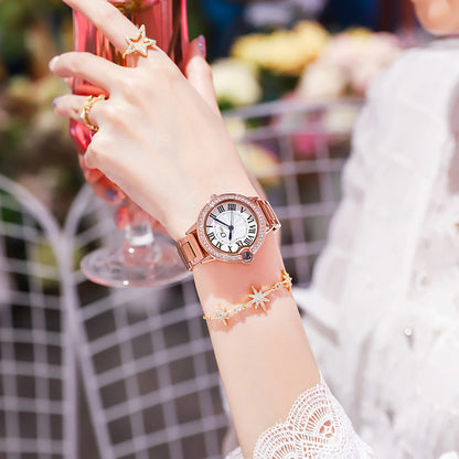 Reloj con personalidad de moda con micrograbado de diamantes con banda de acero para mujer