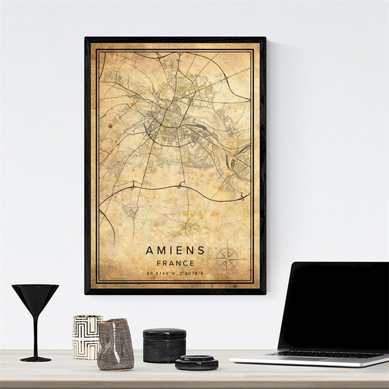 Póster Vintage con mapa de la ciudad de Borgoña, pintura en lienzo