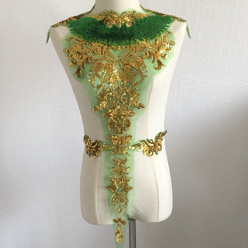 Accesorios decorativos para ropa de baile, palo de tela bordado de gasa con flores de lentejuelas doradas