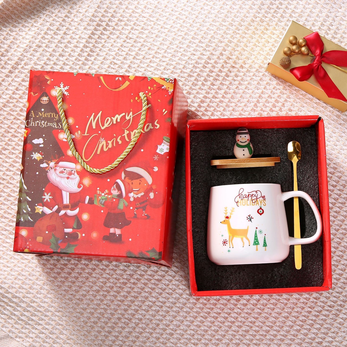 Ensemble de tasses en céramique avec couvercle et cuillère pour cadeau de Noël Père Noël