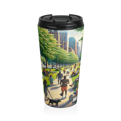 "Dotty Cityscape" - The Alien Stainless Steel Travel Mug Pointillism Style