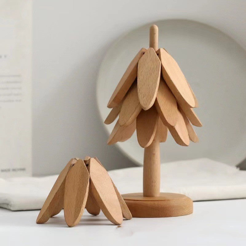 Posavasos plegable de madera con forma de árbol de Navidad, de nogal negro, con asiento grueso, almohadilla adiabática para decoración de escritorio de cocina, regalo de inauguración de la casa