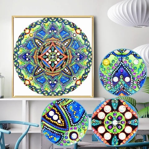 Peinture diamant de forme spéciale Mandala vert et bleu