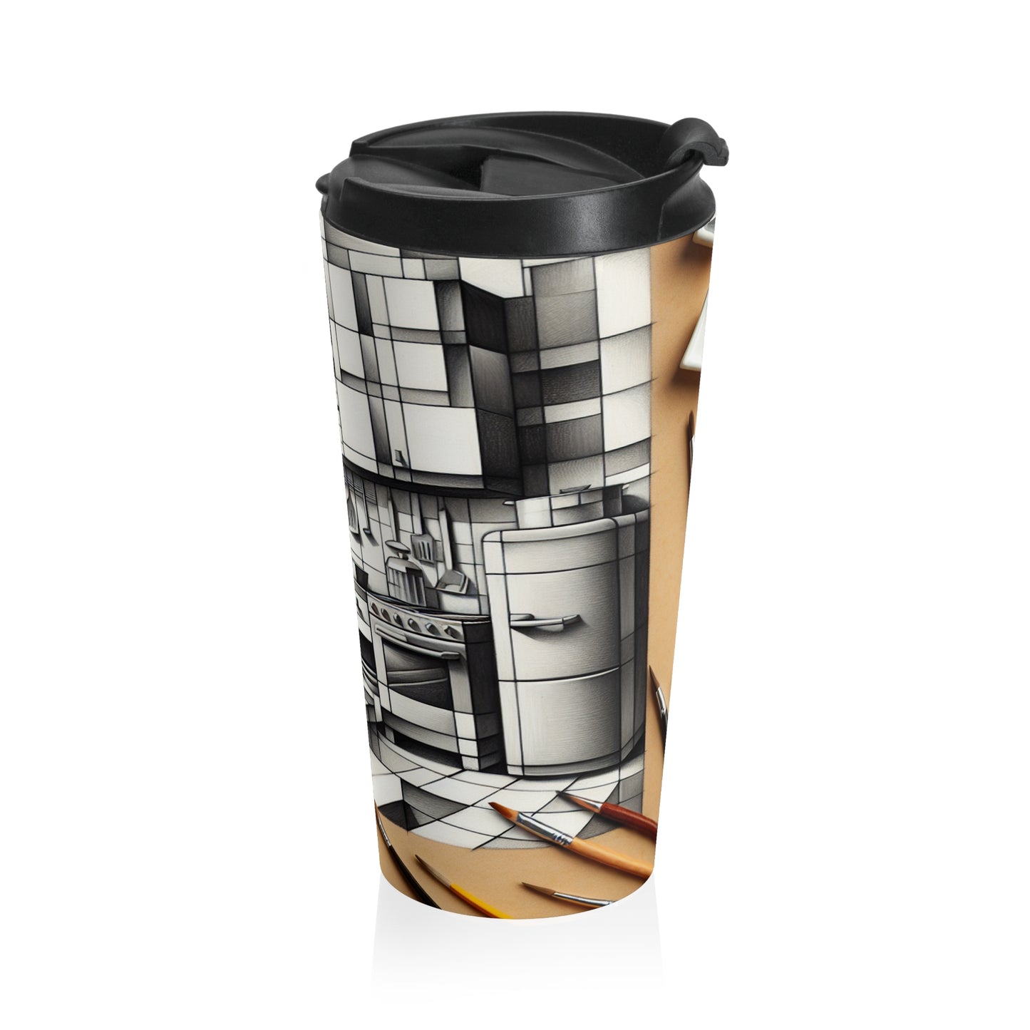 "Cubist Kitchen Collage" - The Alien Stainless Steel Travel Mug Cubism Style