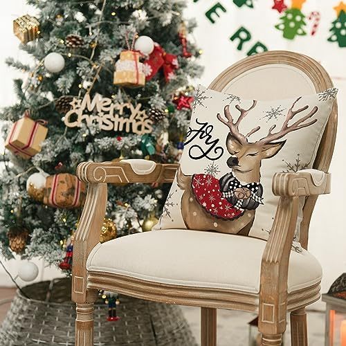 Christmas Snowman Reindeer Gloves Eucalyptus Throw Pillow Covers, 18 X 18 Inch Winter Holiday Stripes Cushion Case Decoration For Sofa Couch Set Of 4