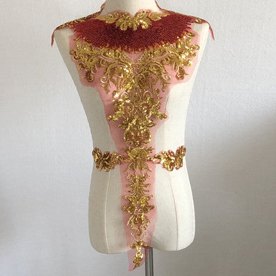 Accesorios decorativos para ropa de baile, palo de tela bordado de gasa con flores de lentejuelas doradas