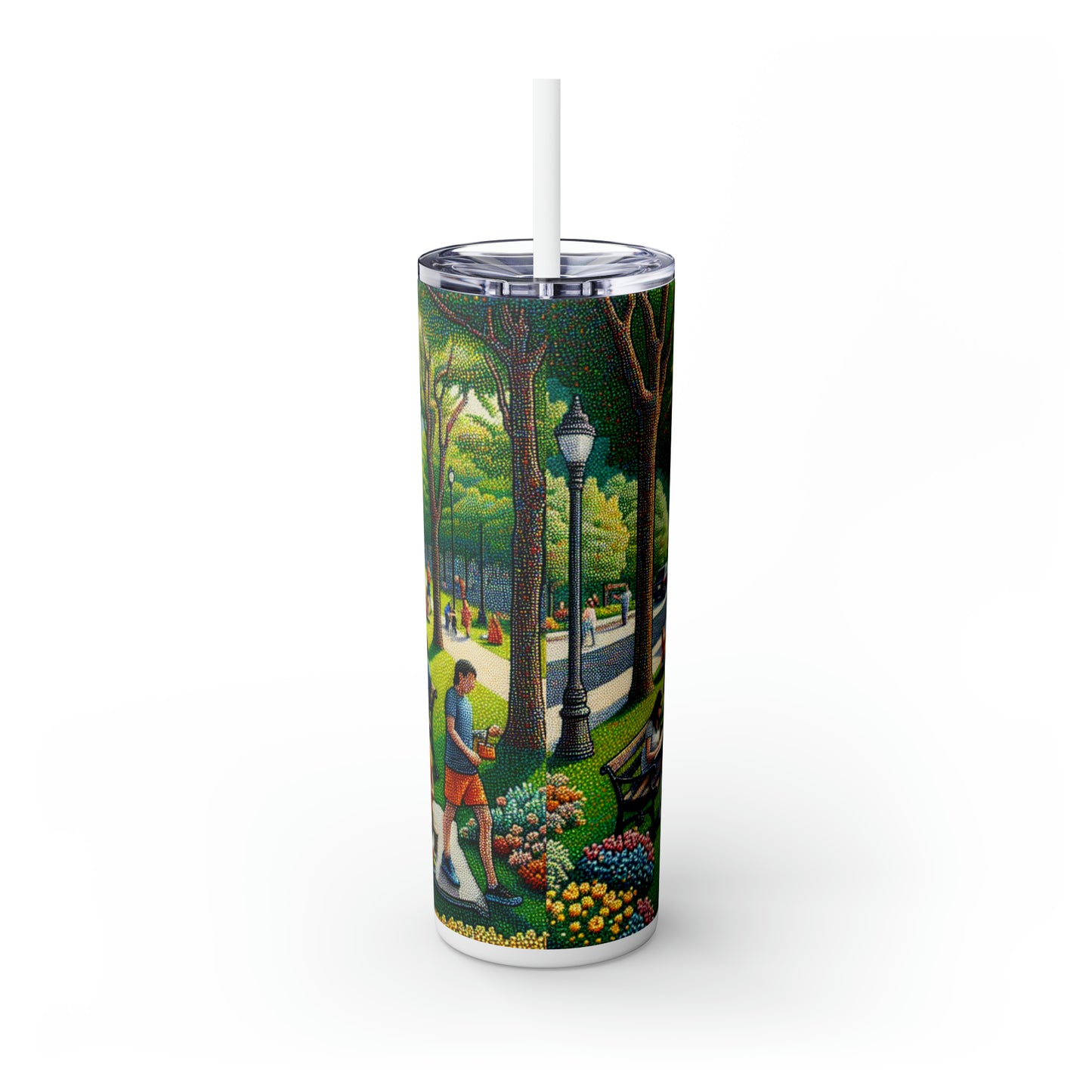 "Dotty Cityscape" - The Alien Maars® Skinny Tumbler with Straw 20oz Pointillism Style