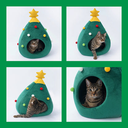 Nid de chat et de chien de Noël chaud et confortable en peluche pour animaux de compagnie, lit de grotte en forme d'arbre, nid de chat détachable et lavable, fournitures pour animaux de compagnie