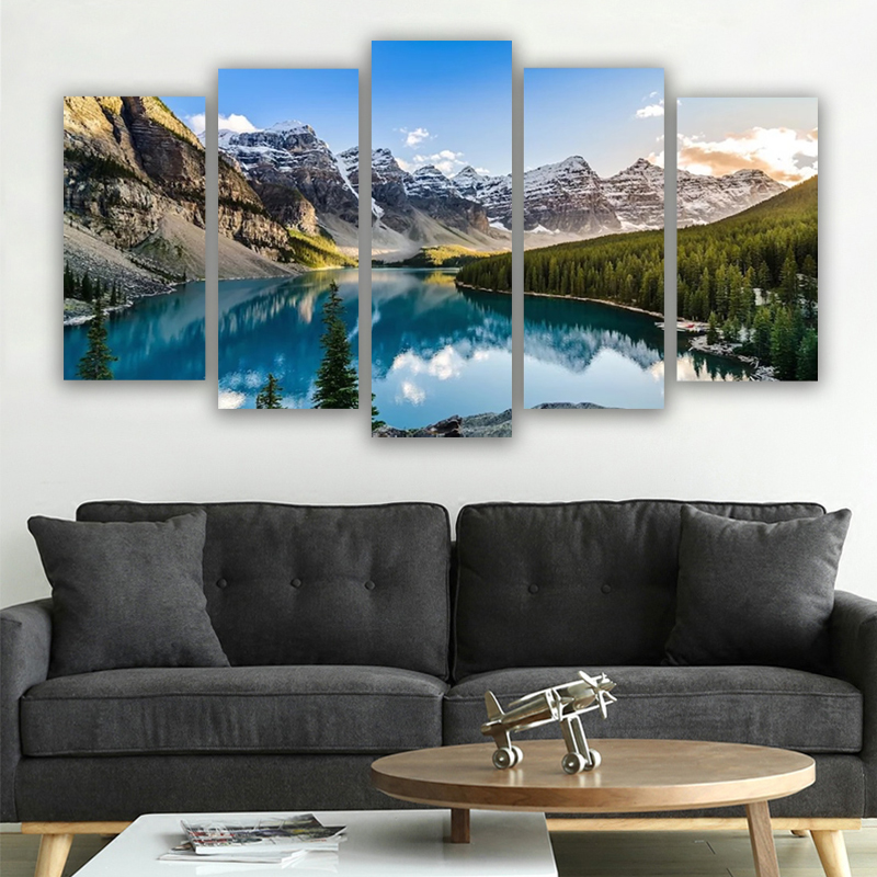 Toile murale artistique, 5 pièces, lac Moraine et montagne, salon modulaire, image moderne, décoration de maison