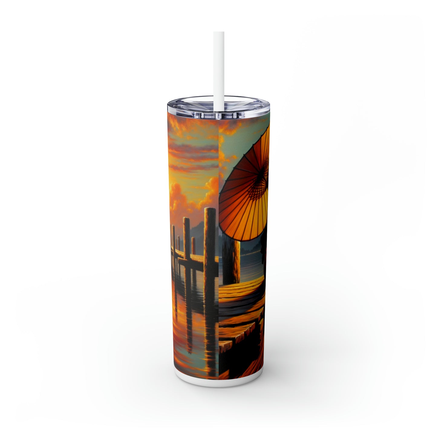 "Golden Reflections" - The Alien Maars® Skinny Tumbler with Straw 20oz Impressionism Style