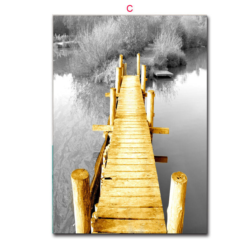 Nordic Yellow Wooden Bridge Black White Scene Posters