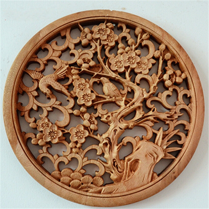 Camphor Solid Wood Living Room Chinese Style Round Antique Blessing Porch Wall Hanging