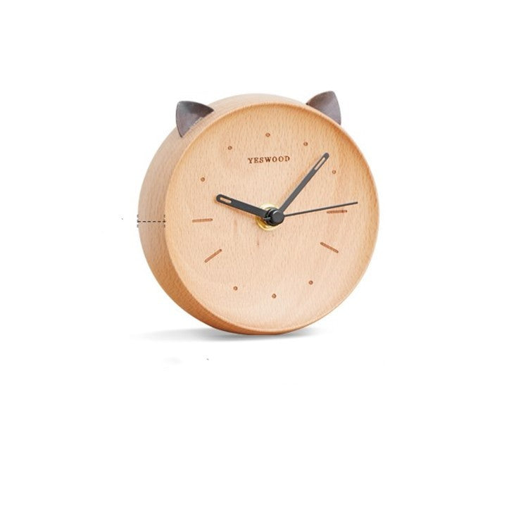 Mute Clock Home Bedroom Bedside Clock Cat Style Desktop Clock Solid Wood Alarm Clock