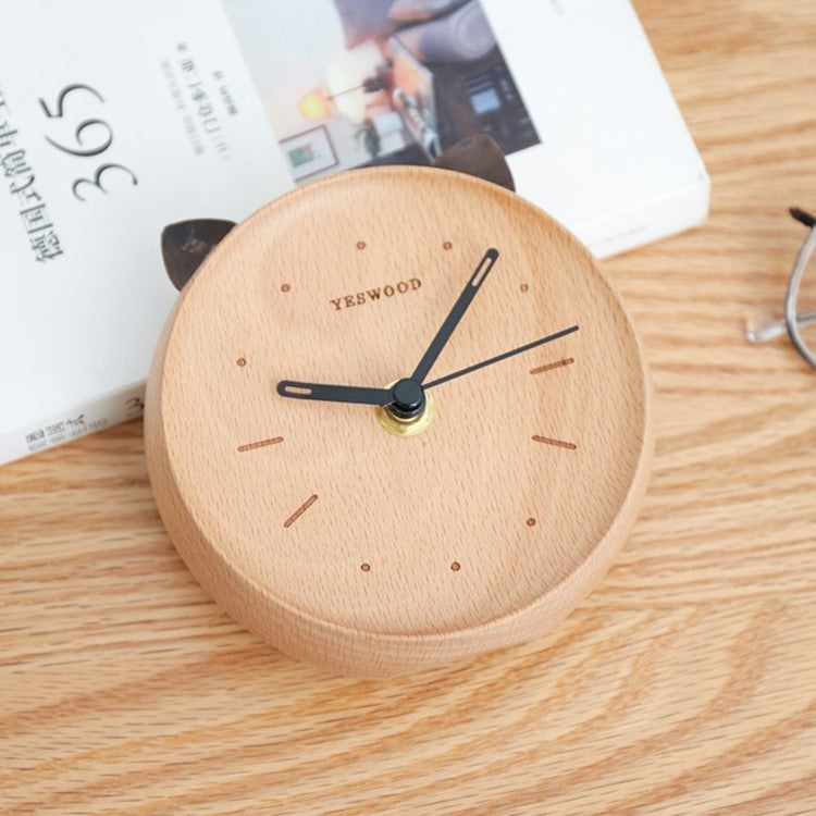 Mute Clock Home Bedroom Bedside Clock Cat Style Desktop Clock Solid Wood Alarm Clock