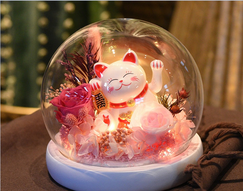 Rose préservée, fleur préservée, couvercle en verre, œillet, décoration de chat porte-bonheur