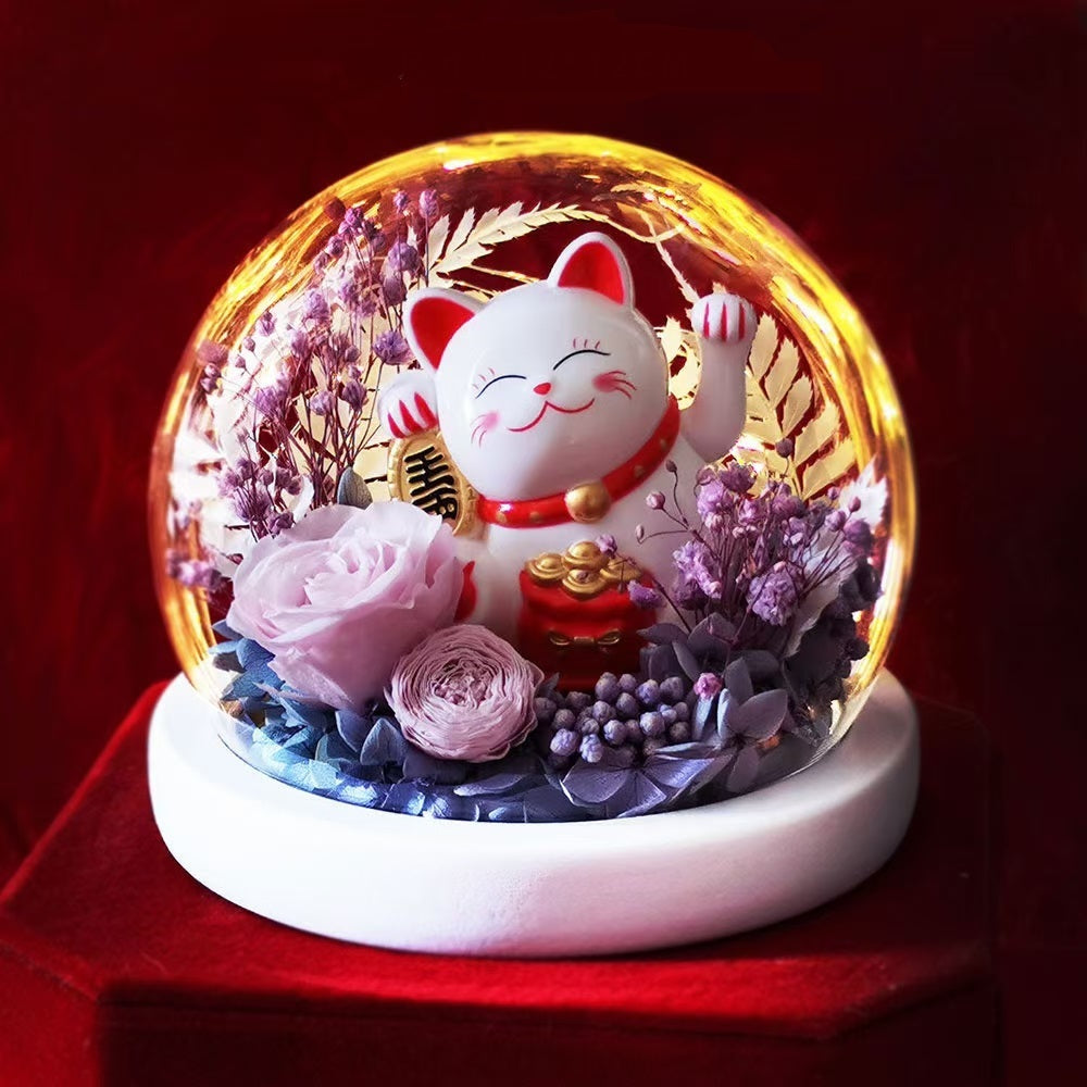 Rose préservée, fleur préservée, couvercle en verre, œillet, décoration de chat porte-bonheur