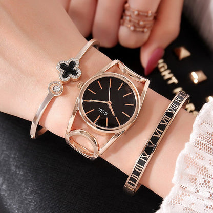 watchNew Style Ladies Watch Three-Piece Fashion Ladies Watch Trendy Ladies Bracelet Set Round Hollow Watch