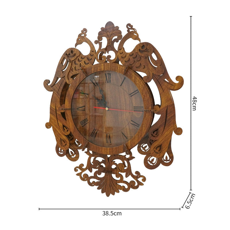 European Style 3D Three-Dimensional Assembly Swing Peacock Wall Clock Living Room Carved Art Decoration Mute Wooden Pendulum