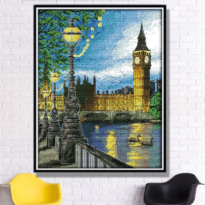 Night view of London bell tower with cross stitch