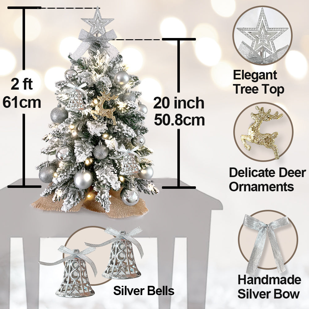 Mini sapin de Noël de 2 pieds avec petite décoration de Noël artificielle légère avec neige floquée, décor exquis et ornements de Noël pour dessus de table pour la maison et le bureau