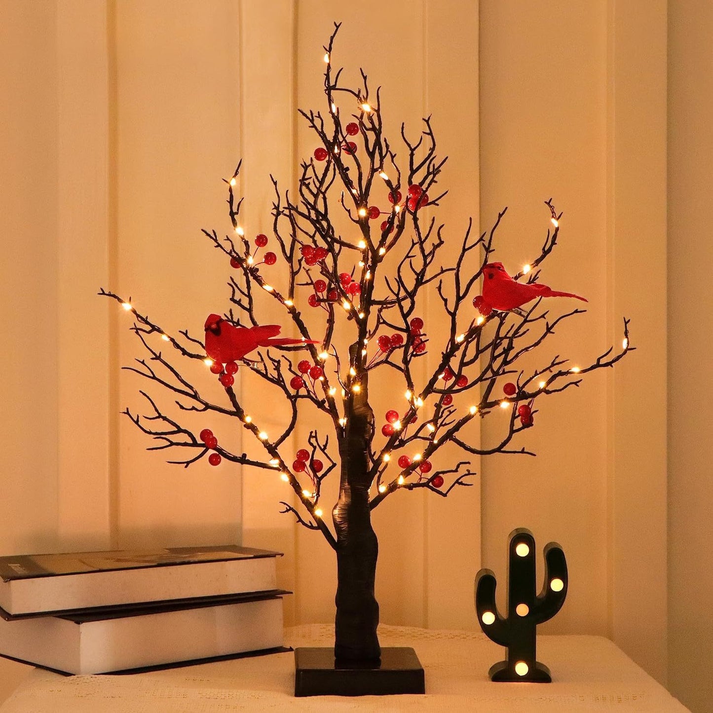 Árbol de pájaros de espino chino con luz LED para dormitorio de Navidad, decoración de escritorio