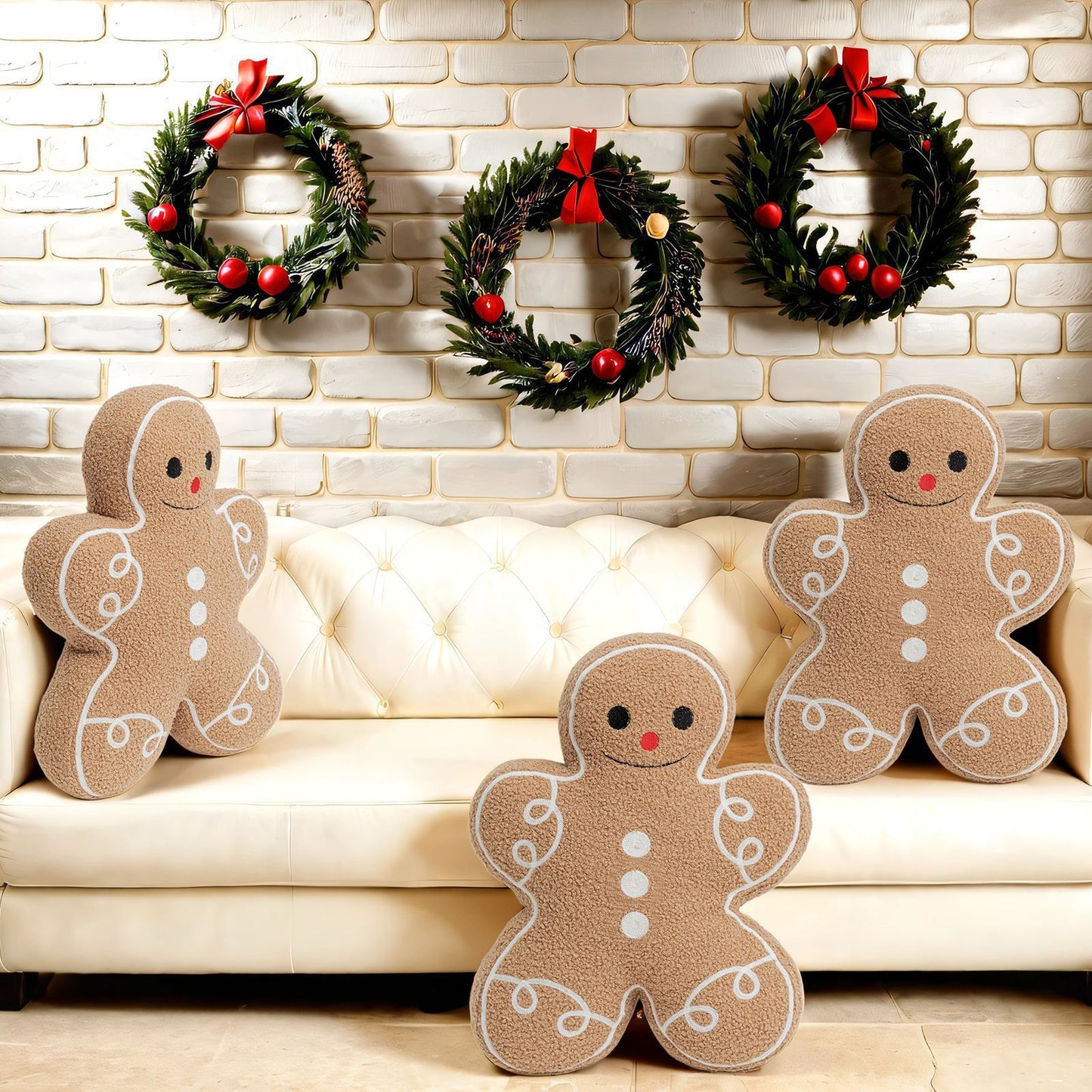 Gingerbread Man Merry Christmas Throw Pillow, Plush Teddy Xmas Gingerbread Shaped Pillows Christmas Decorative Pillow For Couch Living Room Bed, Beige,13 X 17 Inches