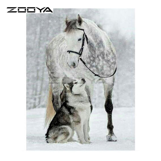 5D Diamond Embroidery Winter Snow White Horse &Wolf Dog Diamond Painting Cross Square Drill Mosaic Decoration