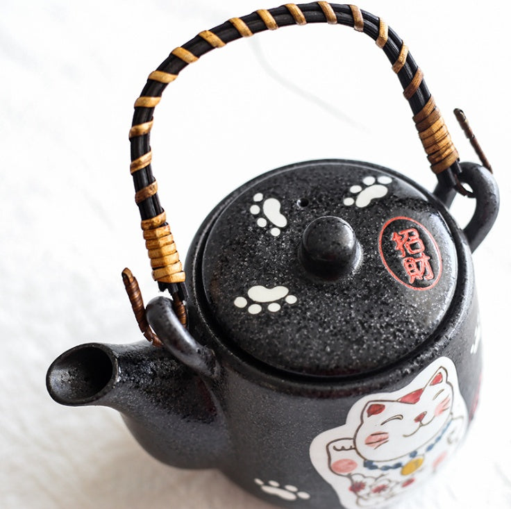 Juego de té de cerámica con forma de gato de la suerte, creativo, pintado a mano, una olla, cuatro tazas, regalo, color negro, dos