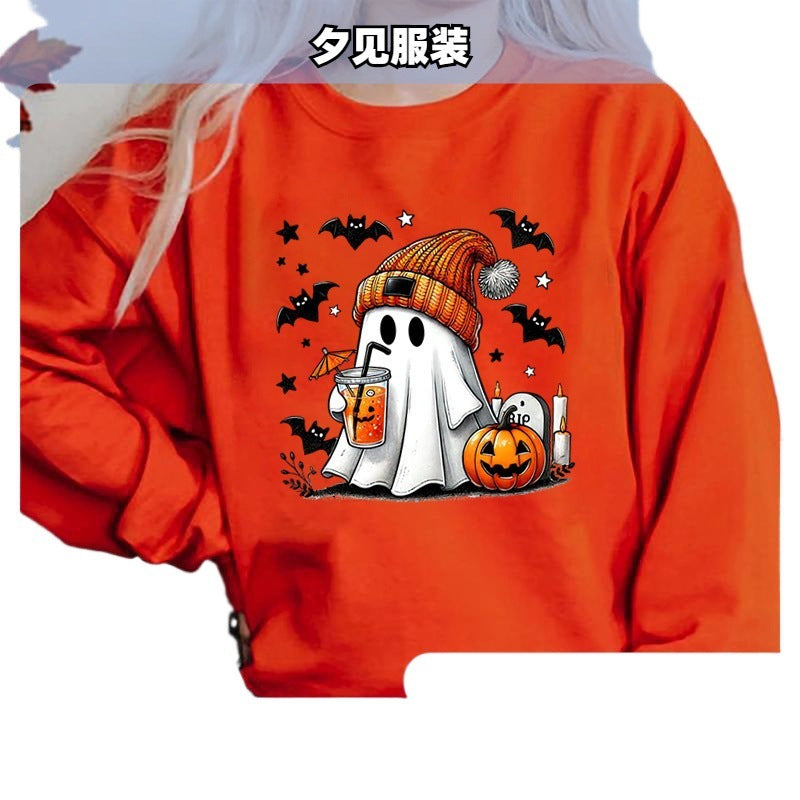 Sudadera de mujer con estampado de murciélago, calabaza y fantasma de Halloween