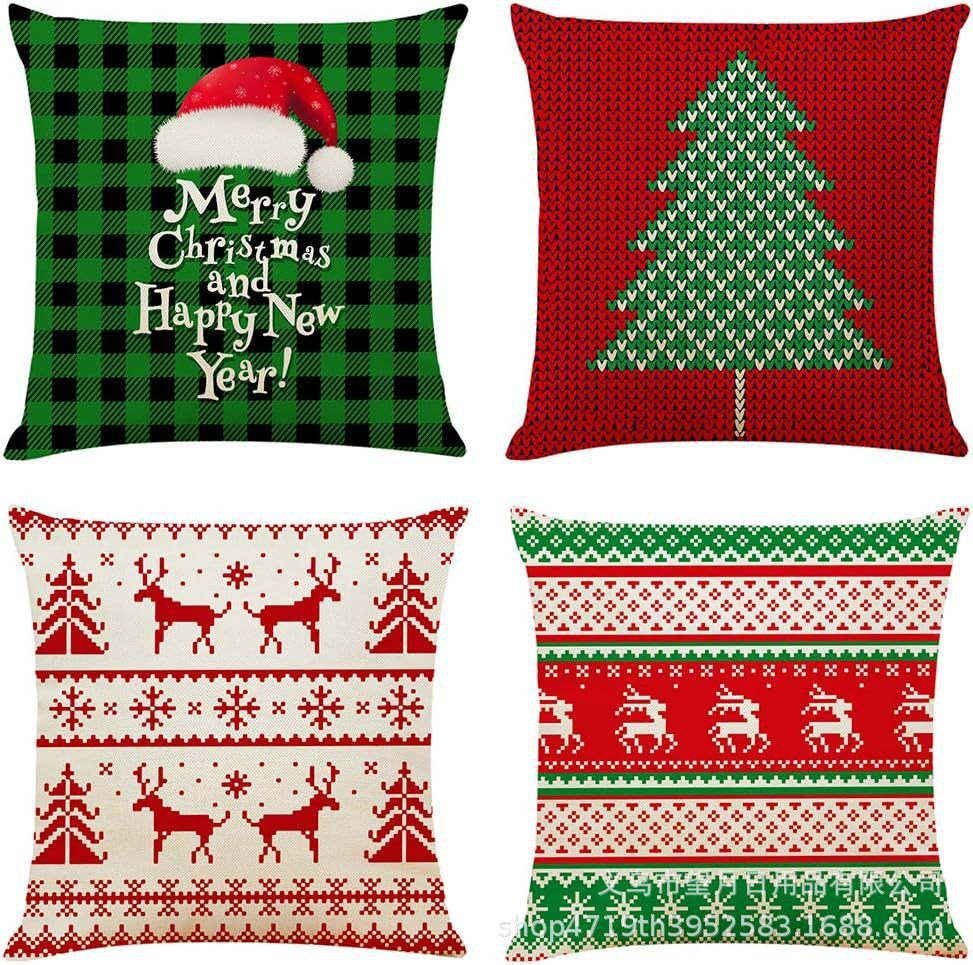 Christmas Snowman Reindeer Gloves Eucalyptus Throw Pillow Covers, 18 X 18 Inch Winter Holiday Stripes Cushion Case Decoration For Sofa Couch Set Of 4