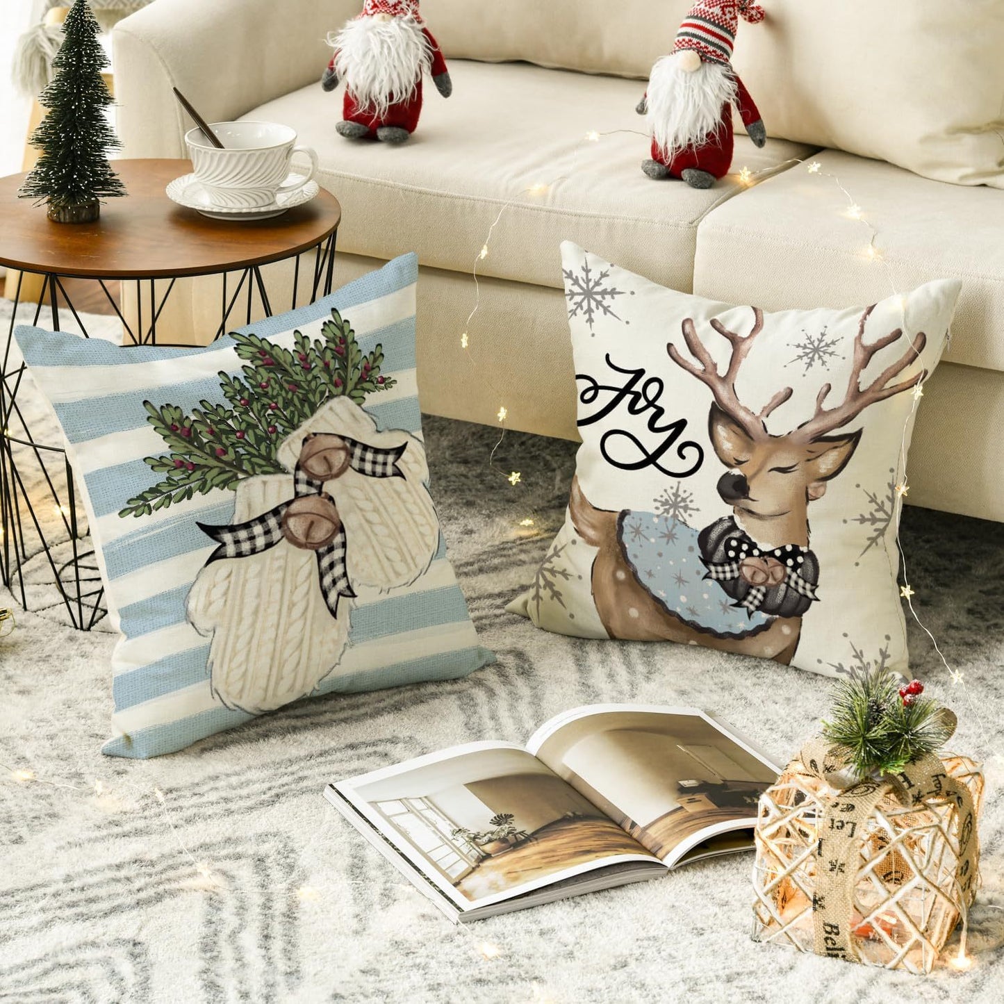 Christmas Snowman Reindeer Gloves Eucalyptus Throw Pillow Covers, 18 X 18 Inch Winter Holiday Stripes Cushion Case Decoration For Sofa Couch Set Of 4