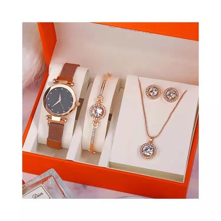 Conjunto de 5 piezas de regalo para traje de mujer, reloj, pulsera, anillo, collar, pendientes, caja de regalo combinada