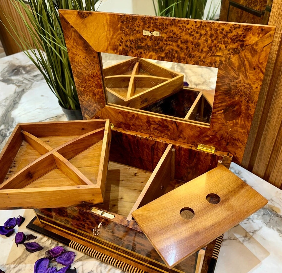 Coffret à bijoux de luxe en bois de ronce de 13 x 8 po incrusté de nacre, coffret cadeau d'anniversaire verrouillable fait à la main avec miroir à l'intérieur, boîte décorative, boîte à souvenirs, cadeau de Noël