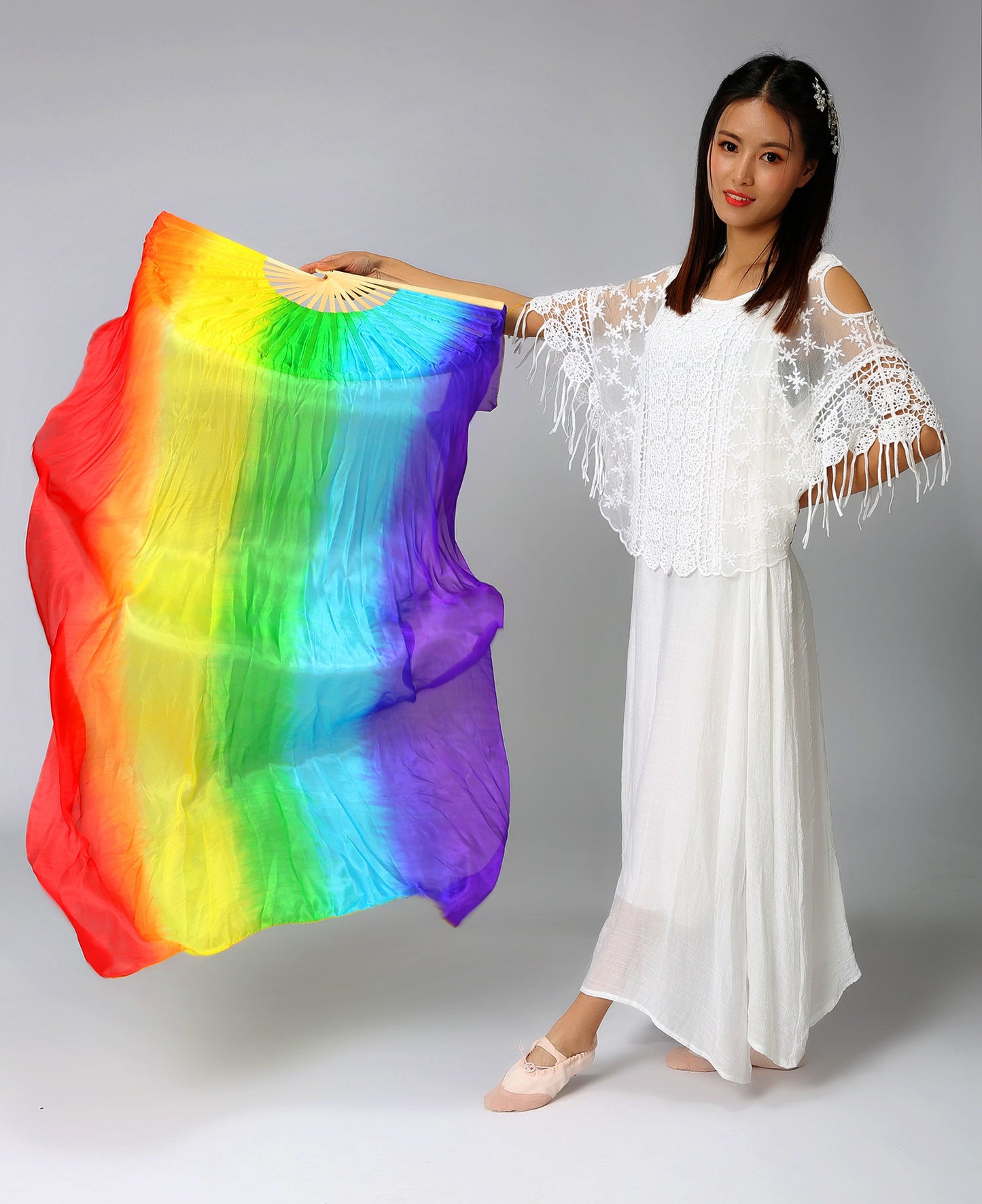 Rainbow Long Silk Bamboo Folding Fan