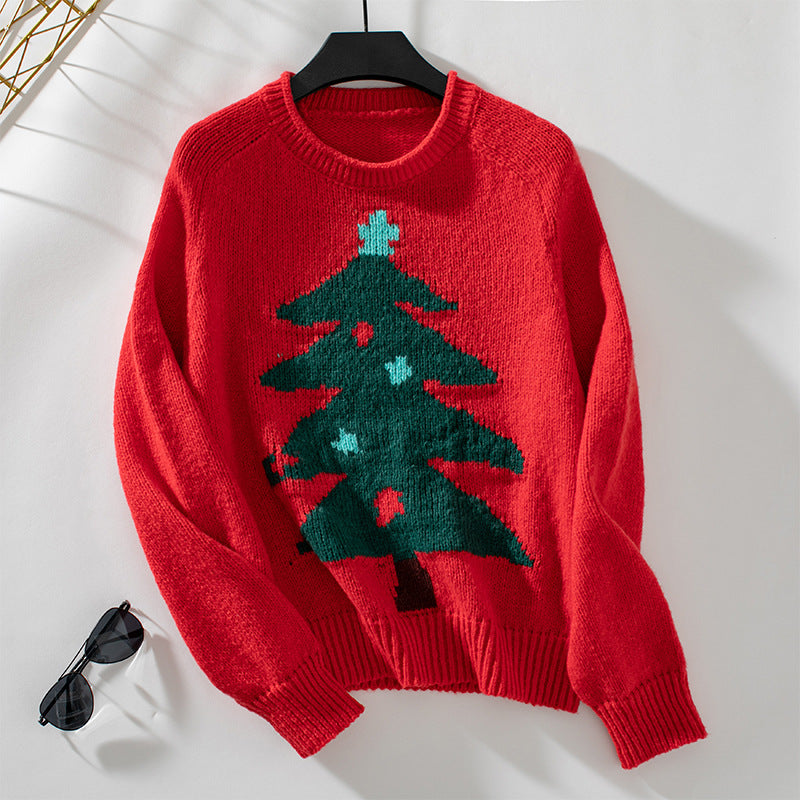 Pull ample à col rond pour femme avec motif sapin de Noël