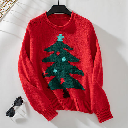 Pull ample à col rond pour femme avec motif sapin de Noël