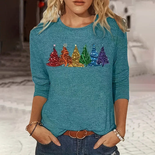 Camiseta de manga larga para mujer con estampado de árbol de Navidad, cuello redondo, holgada e informal